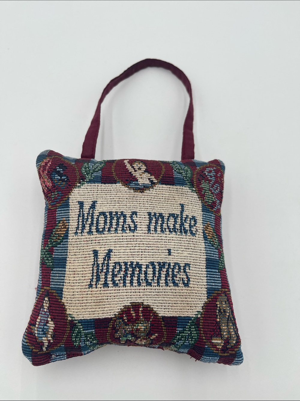 Decorative Doornob Hanging Pillow - "Moms make Memories" in Burgundy & Cream